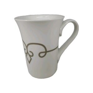 Starbucks Coffee Tea Mug Cup Gold Taupe Diamond Scroll Pattern Half Heart Handle